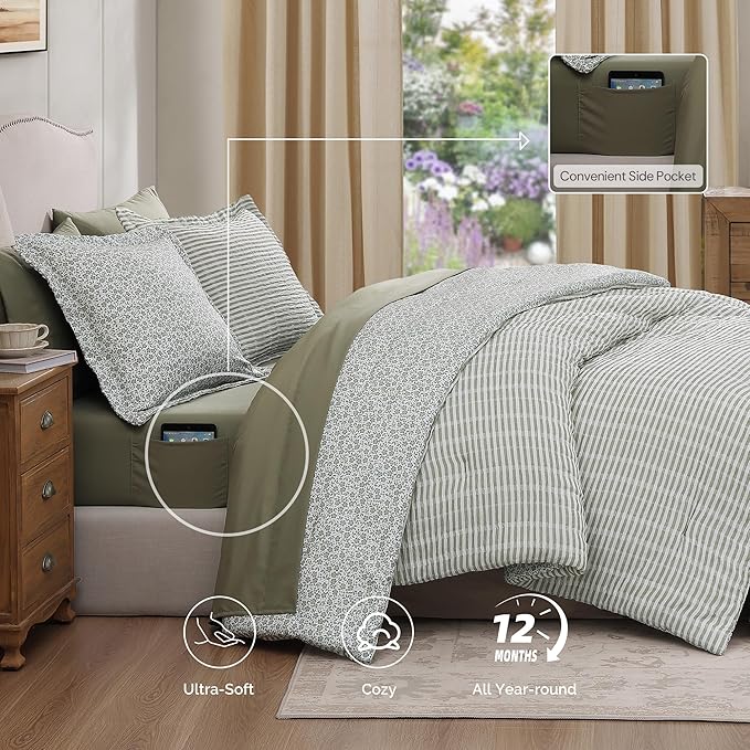 King Comforter Set - 7 Pieces Green Gauze Muslin Bedding Sets for All Seasons, Lightweight Breathable Bed in a Bag King with Revesible Farmhouse Comforter, Sheets, Pillowcases & Shams