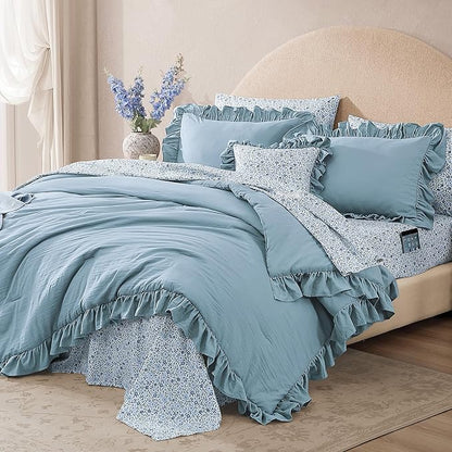 Oversized King Comforter Set - 7 Pieces Ruffle Blue Bedding Sets, Shabby Chic Farmhouse Bed in a Bag with Ruffle Comforter, Floral Sheets, Pillowcases & Shams