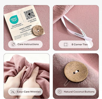 JELLYMONI 100% Washed Cotton Duvet Cover Queen – Soft, Breathable Linen-Look Bedding with Natural Wrinkle Texture, Button Closure, 3-Piece Set (Darker Rose, 90"x90")