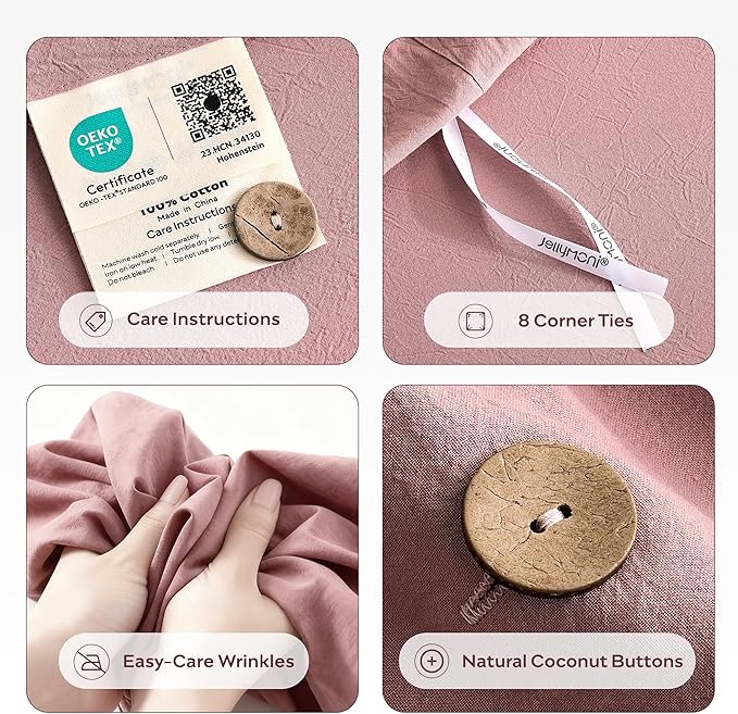 JELLYMONI 100% Washed Cotton Duvet Cover Twin – Soft, Breathable Linen-Look Bedding with Natural Wrinkle Texture, Button Closure, 2-Piece Set (Darker Rose, 68"x90")