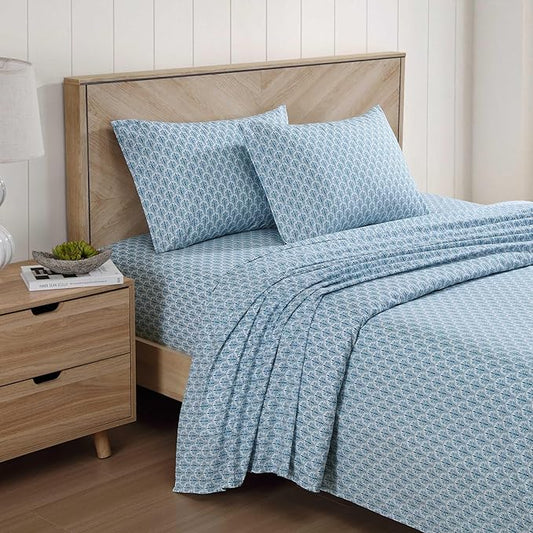 Tommy Bahama - Queen Sheet Set, Super Soft Cotton Percale Bedding with Matching Shams, Tropical Bedding Set, Oeko-Tex Certified (Coastal Batik Blue, Queen)