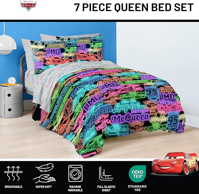 Jay Franco Kids Comforter Set Includes Sheets and Pillow Covers - Soft and Cozy Bed Set for Stylish Room Decor, Black - Cars, 7 Piece Queen Bedding