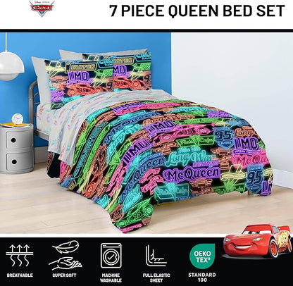 Jay Franco Kids Comforter Set Includes Sheets and Pillow Covers - Soft and Cozy Bed Set for Stylish Room Decor, Black - Cars, 7 Piece Queen Bedding