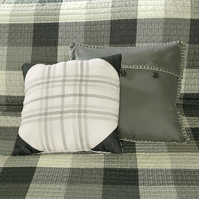 Madison Park Reversible Quilt Cabin Lifestyle Plaid Design - All Season, Breathable Coverlet Bedspread Bedding Set, Matching Shams, Ridge Grey King/Cal King(104"x92") 6 Piece