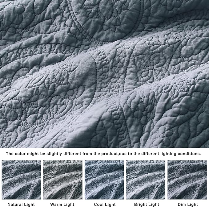 PALASSIO Dusty Blue Paisley 100% Cotton Quilt Queen Size Bedding Set with 2 Pillow Shams, Boho Floral Lightweight Farmhouse Country Vintage Soft Bedspread Shabby Chic Coverlet for All Season, 3 Pieces