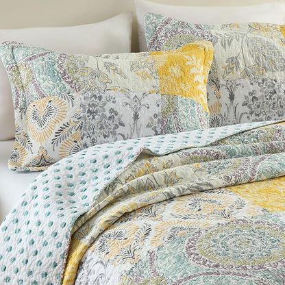 Secgo King Size Comforter Set- 100% Cotton Quilt King Size Set, Green, Sage bedspreads (96 * 108 Inch) with 2 Pillow Shams, Patchwork Reversible Lightweight Bedding
