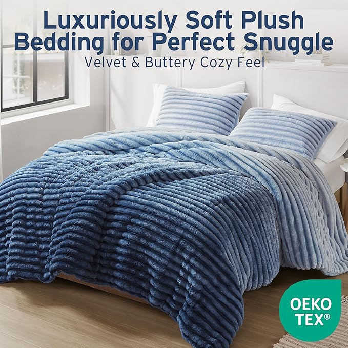 Intelligent Design Queen Comforter Set, Plush Bedding, Microfiber Reverse, 3 Piece, Lightweight, Super Soft Ribbed Velvet Comforter 2 Shams, All Season Fluffy Bed Set, Avril, Full/Queen Blue Ombre