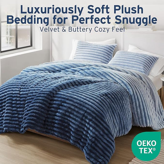 Intelligent Design Queen Comforter Set, Plush Bedding, Microfiber Reverse, 3 Piece, Lightweight, Super Soft Ribbed Velvet Comforter 2 Shams, All Season Fluffy Bed Set, Avril, Full/Queen Blue Ombre