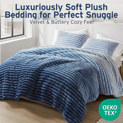 Intelligent Design King Comforter Set, Plush Bedding, Microfiber Reverse, 3 Piece, Lightweight, Super Soft Ribbed Velvet Comforter 2 Shams, All Season Fluffy Bed Set, Avril, King/Cal King Blue Ombre