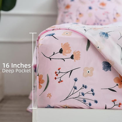Pink Flower Twin Sheets 3 Piece Set - Botanical Pattern Microfiber Bedding Decor - Breathable, Durable, Up to 16" Deep Pocket Bed Sheet for Girls