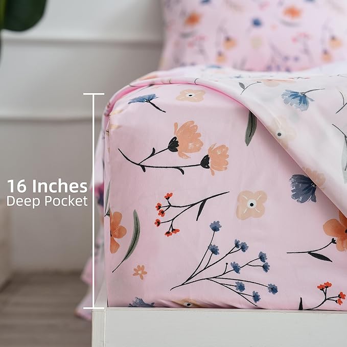 Best Season Pink Botanical Full Sheets Pink Flower Microfiber Bedding Decor - Breathable & Durable Full Bed Sheet Sets - Fits Up to 16 Inches Deep Pocket 4 Piece
