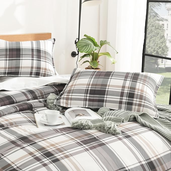Andency Gray Brown Black Plaid Comforter Set Twin(66x90 Inch), 2 Pieces Grid Gingham Stripes Bedding Comforter Sets for Boys Girls Kids Teens, Preppy Geometric Line Soft Lightweight Reversible Bed Set
