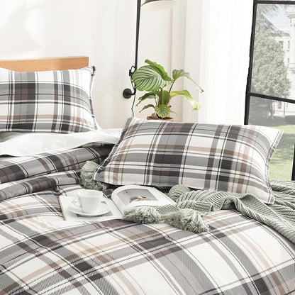 Andency Gray Brown Black Plaid Comforter Set Full(79x90Inch), 3 Pieces Grid Gingham Stripes Bedding Comforter Sets for Boys Girls Kids Teens, Preppy Geometric Line Soft Lightweight Reversible Bed Set