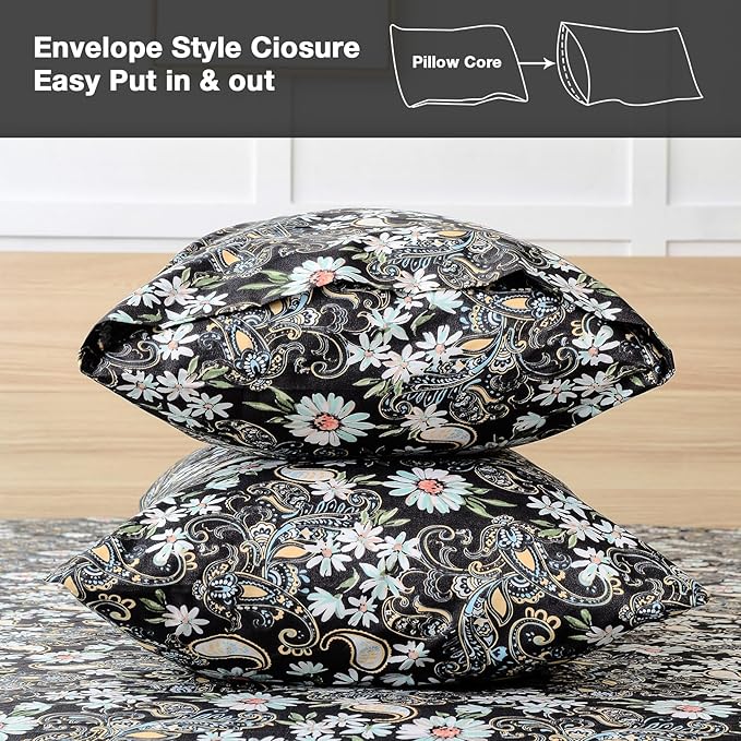 JSD Black Paisley Floral Sheet Set Queen Size 6 Piece, Printed Pattern Soft Microfiber Bed Sheets Extra Deep Pocket