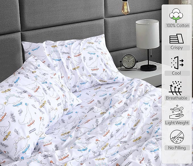 RUVANTI 100% Cotton Sheets – Queen Size Percale Bedding, Cooling & Breathable Floral Design, Durable with a Crisp, Soft & Comfortable Feel, 16" Deep Pocket, 4-Piece Set, Dino