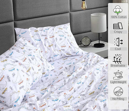 RUVANTI 100% Cotton Sheets – Queen Size Percale Bedding, Cooling & Breathable Floral Design, Durable with a Crisp, Soft & Comfortable Feel, 16" Deep Pocket, 4-Piece Set, Dino