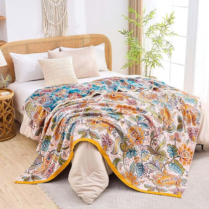 Boho Throw Blanket for Bed, 100% Cotton Soft Rustic Quilt Fall Blanket, 50"x60" Floral Printed Farmhouse Decor Bed Blankets, All Season Rustic Reversible Bohemian Throw Quilt