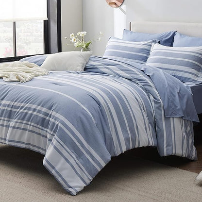Bedsure King Comforter Set 7 Pieces, Blue Striped Bedding Set for All Seasons, Reversible, Cationic Dyeing Bed in a Bag with Comforter, Sheets, Pillowcases & Shams