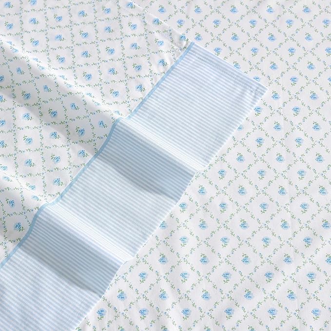 Laura Ashley - Sheet Set, Breathable Percale Cotton Bedding, 200 Thread Count, Deep Pocket, Chic Home Decor (Kate Blue, Twin)