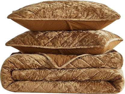 Chezmoi Collection Lux Caramel Gold Velvet Quilt Queen Set, 3-Piece Lush Plush Distressed Velvet Bedding All Season Lightweight Comforter Brushed Microfiber Reverse with Diamond Stitch Quilting