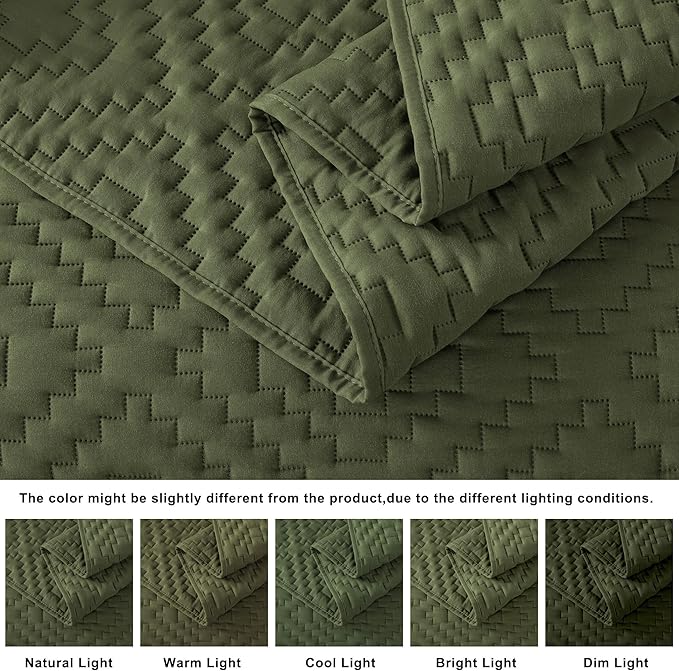 Olive Green Twin Size Quilt Bedding Sets with Pillow Sham, Boho Dark Deep Sage Lightweight Soft Bedspread Coverlet, Quilted Blanket Thin Comforter Bed Cover for All Season, 2 Pieces, 68x90 inches
