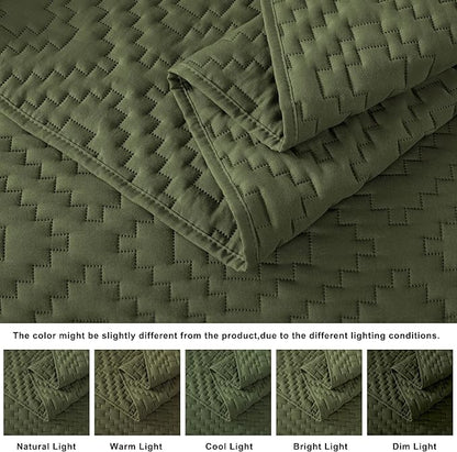 Olive Green Twin Size Quilt Bedding Sets with Pillow Sham, Boho Dark Deep Sage Lightweight Soft Bedspread Coverlet, Quilted Blanket Thin Comforter Bed Cover for All Season, 2 Pieces, 68x90 inches