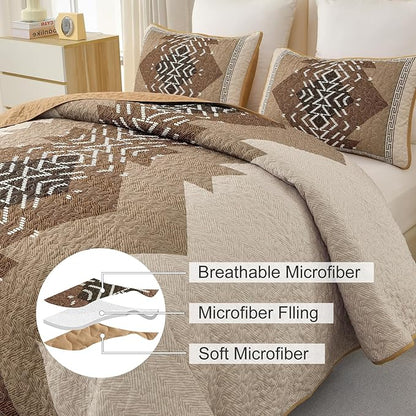 Dintszyayue Bohemian Quilt Set King Size,3 Pieces Aztec Texture Bedding Coverlet Set Brown Boho Bedspread Coverlet Set Geometric Pattern Lightweight Quilt Bedding Set for All Season (Brown,90"x103")