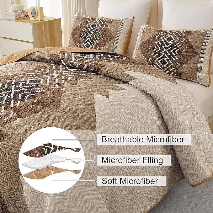 Dintszyayue Boho Queen Size Quilt Set,3 Pieces Aztec Texture Bedding Coverlet Set Brown Bedspread Coverlet Set Soft Microfiber Bed Cover Bohemian Lightweight Bedding Set for All Season(Brown,90"x96")