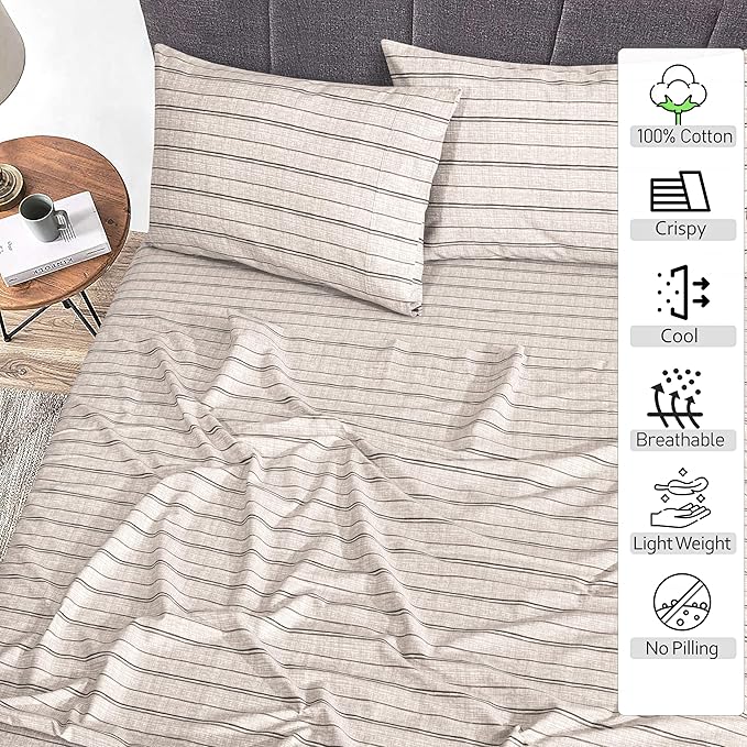 RUVANTI 100% Cotton Sheets – Split King Size Percale Bedding, Cooling & Breathable Floral Design, Durable with a Crisp, Soft & Comfortable Feel, 16" Deep Pocket, 5-Piece Set, Brown Stripes