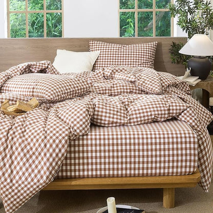 MooMee Gingham Duvet Cover Set 100% Washed Cotton Linen Like Textured Breathable Durable Soft Comfy Modern Checkered Design (Dark Orange Gingham, Palatial King/Oversized King 120"x98")