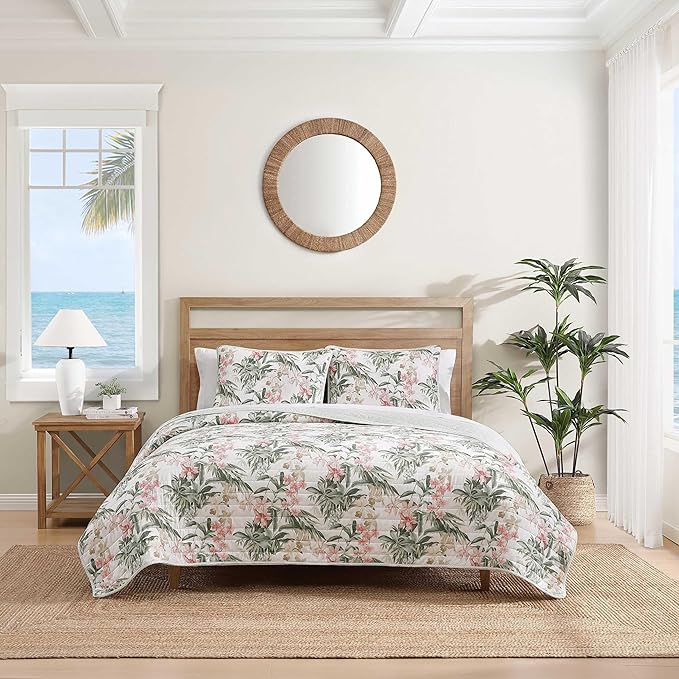 Tommy Bahama - King Quilt Set, Reversible Cotton Coastal Bedding with Matching Shams, Colorful Botanical Bedding Set (Island Orchid Pink/Cream)