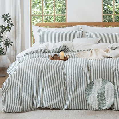 MILDLY Jacquard Stripe Duvet Cover - 100% Washed Cotton Sage Green Textured Spring Comforter Cover 3pcs with Zipper Closure 104"x90"
