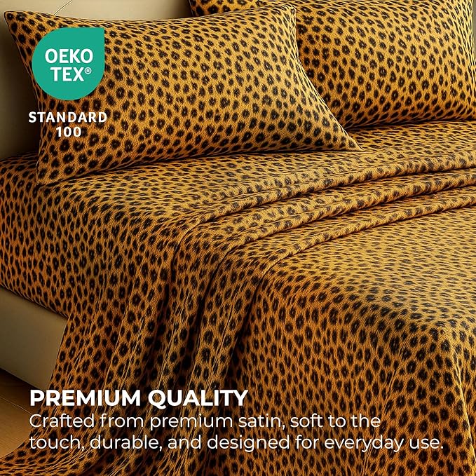 Satin Sheets Twin [3-Piece, Gold Leopard] Hotel Luxury Silky Bed Sheets - Extra Soft 1800 Microfiber Sheet Set, Wrinkle, Fade, Stain Resistant - Deep Pocket Fitted Sheet, Flat Sheet, Pillow Cases