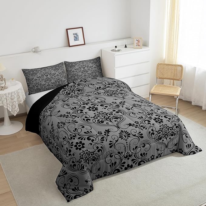 Feelyou Adults Black Vintage Damask Floral Comforter Set Oriental Antique Comforter King Size Gothic Bohemia Boho Flower Bedding Set Bohemian Exotic Duvet Set Quilt Set 3Pcs