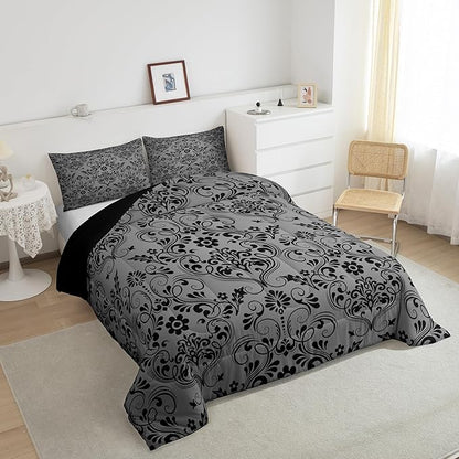 Feelyou Adults Black Vintage Damask Floral Comforter Set Oriental Antique Comforter King Size Gothic Bohemia Boho Flower Bedding Set Bohemian Exotic Duvet Set Quilt Set 3Pcs