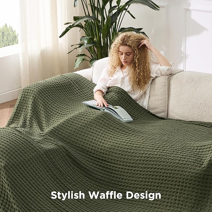 Bedsure Cooling Cotton Waffle Oversized King Blanket - Lightweight Breathable Rayon Derived from Bamboo for Hot Sleepers, Luxury Throws for Bed and Sofa, Olive Green, 120x96 Inches
