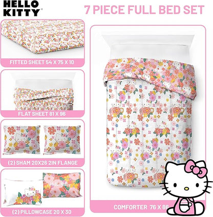 Jay Franco Hello Kitty Full Size Comforter Set - 7 Piece Bedding Includes Sheet Set & Pillow Covers - Super Soft Floral Bedding