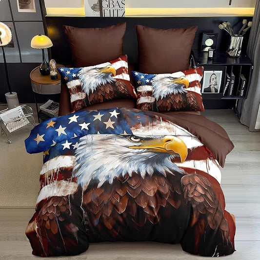 Camouflage American Flag Comforter Set Queen, Brown Vintage Eagle Print Soft Bedding Set for Adult,3Piece Wildlife Animal Lightweight Comforter with 2 Pillowcases,68 * 86/Brown White Blue