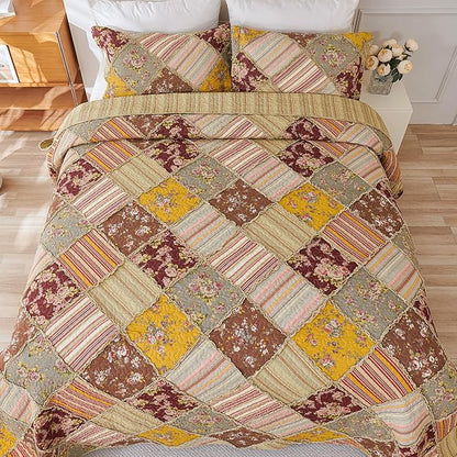 Cmfshape Floral Quilt Sets Bedspread Set 100% Cotton Patchwork Bedding Set, All Season Use Lightweight Reversible Coverlet Quilts with 2 PillowShams(King 106"x96")