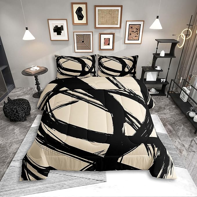 Black and Beige Abstarct Comforter Set Twin Size for Kids Boys Girs,Graffiti Stripes Lines Bedding Set,Aesthetic Geometric Duvet Insert for Minimalists,Contemporary Boho Modern Art Quilt