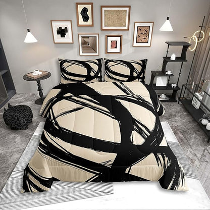 Black and Beige Abstarct Comforter Set Twin Size for Kids Boys Girs,Graffiti Stripes Lines Bedding Set,Aesthetic Geometric Duvet Insert for Minimalists,Contemporary Boho Modern Art Quilt