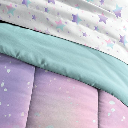 Dream Factory Kids 5-Piece Complete Bed Set Easy-Wash Super Soft Microfiber Comforter Bedding, Twin, Pink Twilight Galaxy Stars
