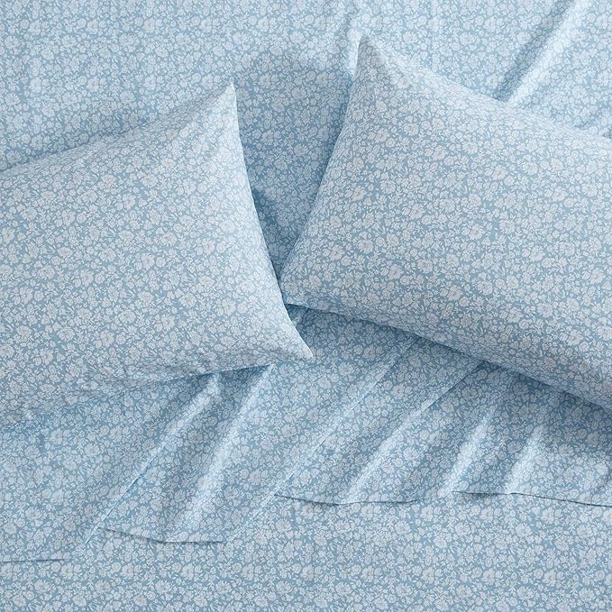 Laura Ashley - Twin Sheets, Cotton Percale Bedding Set, Lightweight & Breathable Home Decor (Heirloom Ditzy Blue, Twin)