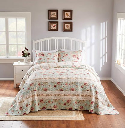 Greenland Home Antique Rose Jumbo Oversized 100% Cotton Bedding Set, Bedspread 120 W x 118 L with 2 Shams 20 W x 26 L Each, King (3 Piece), Blue