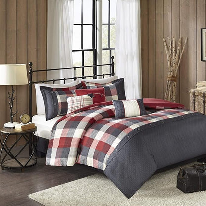 Madison Park Ridge Comforter Set - Cabin Lodge Plaid Herringbone Design, All Season Down Alternative Cozy Bedding with Matching Bedskirt, Shams, Decorative Pillow, Red King(104"x92") 7 Piece