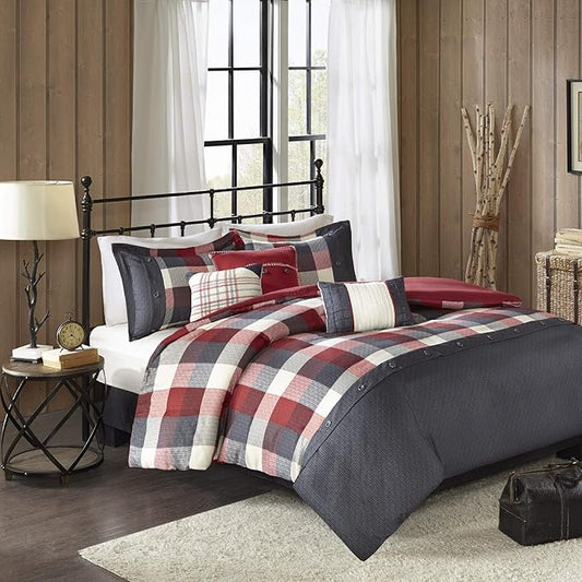 Madison Park Ridge Comforter Set - Cabin Lodge Plaid Herringbone Design, All Season Down Alternative Cozy Bedding with Matching Bedskirt, Shams, Decorative Pillow, Red Cal King(104"x92") 7 Piece