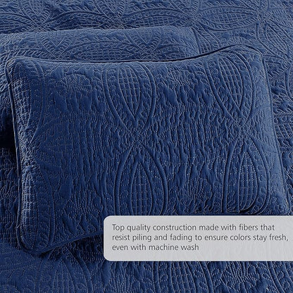 Pure Bedding Quilt Set Full/Queen Size Navy - Oversized Bedspread - Soft Microfiber Lightweight Coverlet for All Season - 3 Piece Includes 1 Quilt and 2 Shams, Geometric Pattern