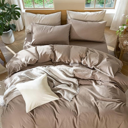 MooMee Bedding Pillowcases Pack of 2 100% Washed Cotton Linen Like Textured Breathable Durable Soft Comfy (Solid Brown, King)