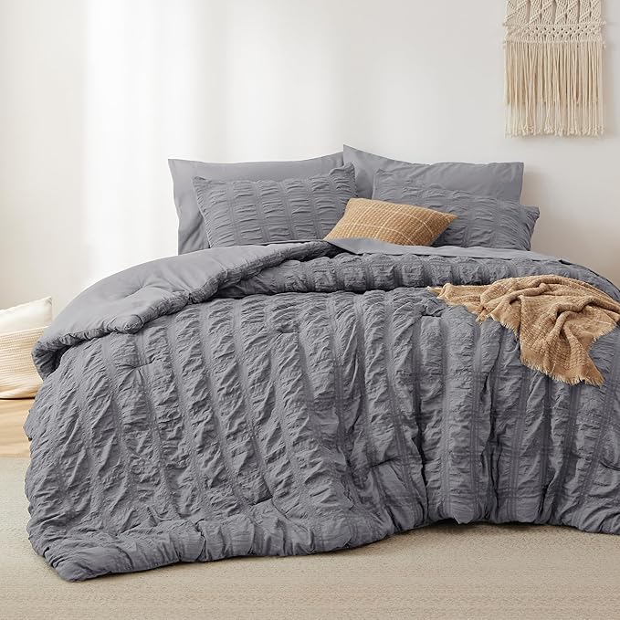 Bedsure Bed in a Bag Full - 7 Pieces Plaid Seersucker Bedding Comforter Sets, Soft Lightweight Grey Boho Bed Set with Comforters Full Size, Sheets, Pillowcases & Shams