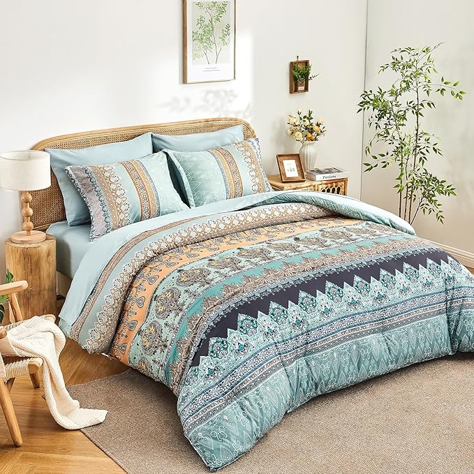 Boho Comforter Set Queen - 7 Pieces Bed in a Bag, Bohemian Striped Comforter Set with Sheets, Soft Microfiber Sage Green Floral Bedding Set for All Season
